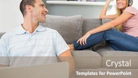  Presentation with listening woman - Beautiful PPT layouts featuring man sitting on floor with laptop with woman listening to music on the sofa in sitting room at home backdrop and a gray colored foreground