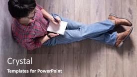  Presentation with writing pen - Cool new presentation design with man-sitting-on-floor backdrop and a gray colored foreground