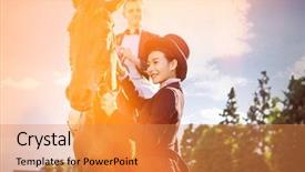  Presentation with quarter - Beautiful PPT theme featuring man sitting on horse backdrop and a coral colored foreground