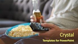  Presentation with beer bottle - Colorful presentation theme enhanced with man sitting on sofa holding tv remote and bottle of beer backdrop and a tawny brown colored foreground