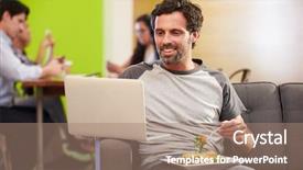  Presentation with lunch - Amazing PPT theme having man sitting on sofa and eating lunch in design studio backdrop and a coral colored foreground