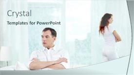  Presentation with standing sitting - Slide set featuring man sitting on sofa with his wife standing on the background background and a cool aqua colored foreground