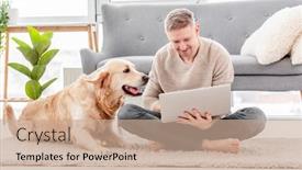  Presentation with remote work - PPT theme featuring man-sitting-on-the-floor background and a coral colored foreground