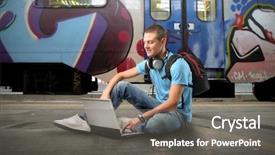  Presentation with train - Colorful PPT theme enhanced with man sitting on the platform backdrop and a gray colored foreground