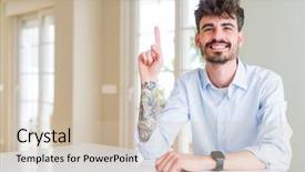  Presentation with red white blue business - Presentation with man sitting on white table background and a  colored foreground