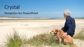  Presentation with 3d man sitting question mark - Cool new presentation theme with man sitting with dog backdrop and a light blue colored foreground