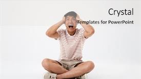  Presentation with asian - Slide set with man sitting with legs cross background and a light gray colored foreground