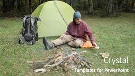  Presentation with campfire - Colorful PPT theme enhanced with man-sitting-with-mushrooms backdrop and a seafoam green colored foreground