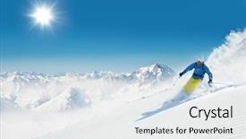  Presentation with ski - Colorful presentation design enhanced with man skier running downhill backdrop and a sky blue colored foreground