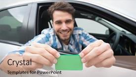  Presentation with car body repairer holding - Presentation enhanced with man smiling and holding card background and a coral colored foreground