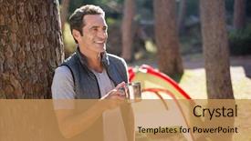  Presentation with camp - PPT theme with man smiling and holding cup on a camp site background and a coral colored foreground