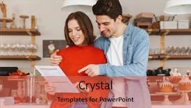  Presentation with restaurant menu - Colorful presentation theme enhanced with man smiling and reading menu backdrop and a red colored foreground