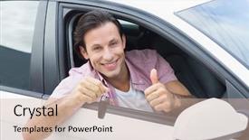  Presentation with sleepy yawning man driving car - Cool new presentation with man smiling and showing key backdrop and a  colored foreground