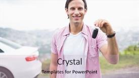  Presentation with sleepy yawning man driving car - Beautiful PPT theme featuring man smiling and showing key backdrop and a soft green colored foreground