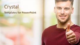  Presentation with gold man smile - Audience pleasing presentation consisting of man smiling broadly showing thumbs backdrop and a cream colored foreground