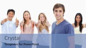  Presentation with people - Slides featuring man-smiling-with-people-approving background and a teal colored foreground