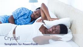  Presentation with snoring - Presentation theme featuring man snoring while irritated woman covering her ears with pillow in bed background and a sky blue colored foreground