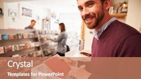  Presentation with record - Amazing PPT theme having man sorting through records backdrop and a  colored foreground