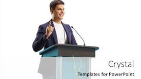  Presentation with speaker - Audience pleasing PPT theme consisting of man-speaker-with-a-hands backdrop and a white colored foreground