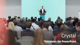  Presentation with speaking - Slide set featuring man-speaking-on-a-pedestal background and a tawny brown colored foreground