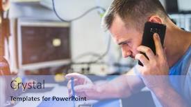  Presentation with electronics - Presentation design with man-speaking-on-mobile-phone background and a light blue colored foreground