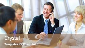  Presentation with phone meeting - Audience pleasing slides consisting of man speaking on the phone backdrop and a coral colored foreground