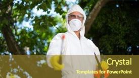  Presentation with agriculture farm machinery spraying insecticide - Presentation having man spraying insecticide while standing background and a tawny brown colored foreground