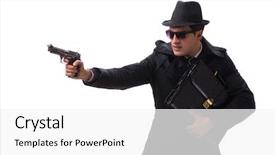  Presentation with spy man - Slide set having man spy with handgun isolated background and a white colored foreground