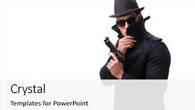  Presentation with spy man - Slide set with man spy with handgun isolated background and a white colored foreground