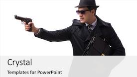  Presentation with spy man - Colorful presentation design enhanced with man spy with handgun isolated backdrop and a white colored foreground