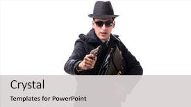  Presentation with spy man - PPT theme featuring man spy with handgun isolated background and a light gray colored foreground