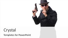  Presentation with spy man - Slide deck with man spy with handgun isolated background and a white colored foreground