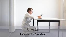  Presentation with teachers working around a table - PPT theme featuring man-squatting-at-the-desk background and a light gray colored foreground