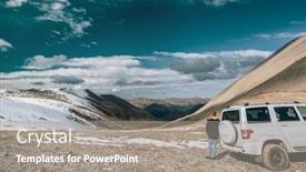  Presentation with vehicle rental - Presentation design consisting of man standing alone near 4x4 vehicle and enjoying view of mountains winter offroad trip on rental car to wild nature background and a gray colored foreground