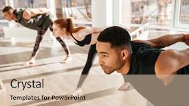  Presentation with exercises - PPT layouts with man standing and doing yoga background and a soft green colored foreground