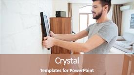  Presentation with one young man exercising handball - Slides featuring man standing and hanging picture background and a coral colored foreground