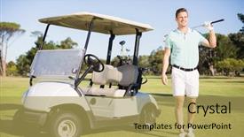  Presentation with golf - Beautiful PPT layouts featuring man standing by golf buggy backdrop and a yellow colored foreground