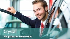  Presentation with dealership - Slide set enhanced with man standing door - seller or car salesman background and a teal colored foreground