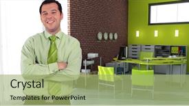  Presentation with green office - Cool new PPT theme with man standing in an office backdrop and a mint green colored foreground