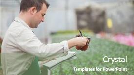  Presentation with taking notes - Presentation theme enhanced with man standing in greenhouse nursery background and a seafoam green colored foreground