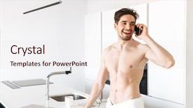  Presentation with kitchen towel - Slide set featuring man standing indoors at kitchen background and a  colored foreground