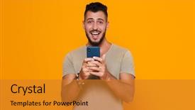  Presentation with man holding phone - Cool new PPT theme with man standing isolated over orange backdrop and a gold colored foreground