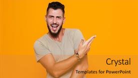  Presentation with portrait of excited overjoyed female - Slide deck featuring man standing isolated over orange background and a  colored foreground