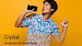  Presentation with asian music - Theme having man standing isolated over yellow background and a gold colored foreground