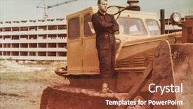  Presentation with 1960s - Audience pleasing PPT theme consisting of man standing on excavator 1960 backdrop and a tawny brown colored foreground