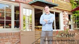  Presentation with bakery - Colorful PPT theme enhanced with man standing outside bakery cafe backdrop and a coral colored foreground