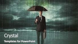  Presentation with umbrella protection - PPT layouts with man standing with umbrella data background and a dark gray colored foreground