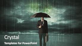  Presentation with data protection - PPT theme featuring man standing with umbrella data background and a dark gray colored foreground