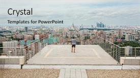  Presentation with railing - Slides featuring man stands on roof of high building with railing at summer day in moscow russia background and a light gray colored foreground
