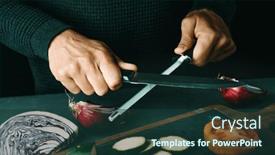  Presentation with web - Slide set having man-steeling-a-kitchen-knife background and a tawny brown colored foreground